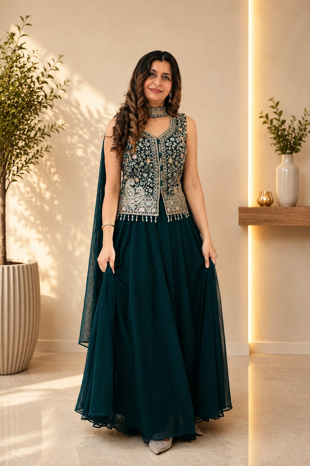 Women's Emerald Green Embroidered Anarkali Suit with Jacket –  Rockyfashiondesigner