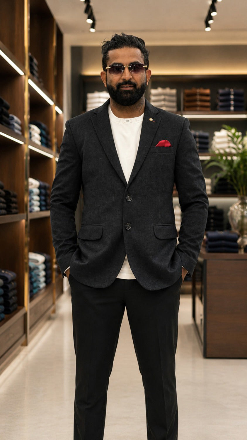 Charcoal Suit Jacket with Red Pocket Square