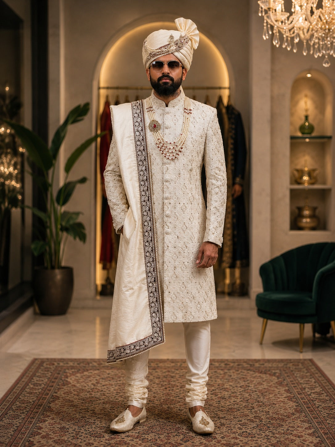Cream Embroidered Sherwani with Turban & Dupatta