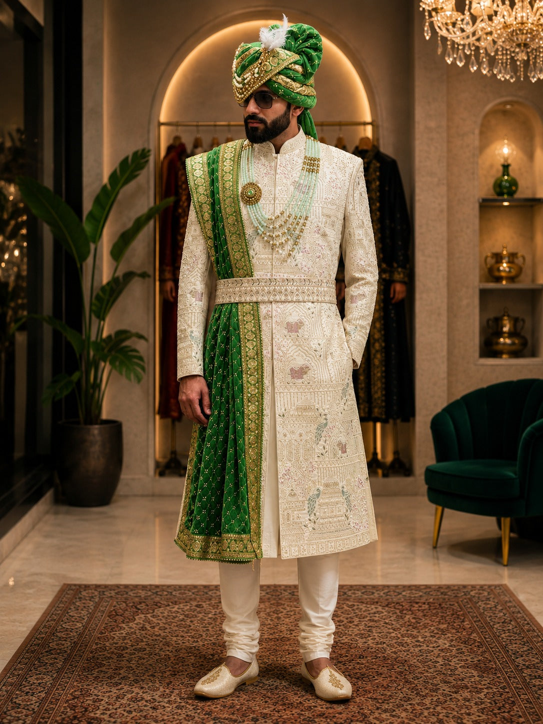 Cream Embroidered Sherwani with Green Dupatta & Turban