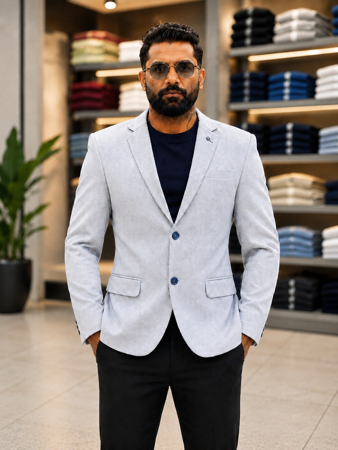 Light Gray Blazer with Blue Buttons