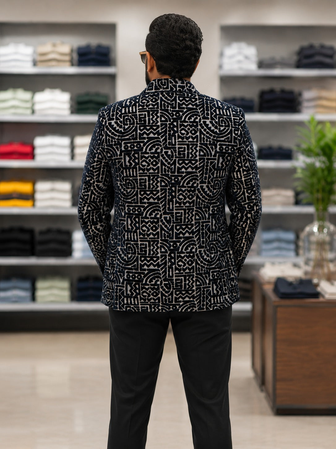 Black Geometric Pattern Blazer with Red Pocket Square