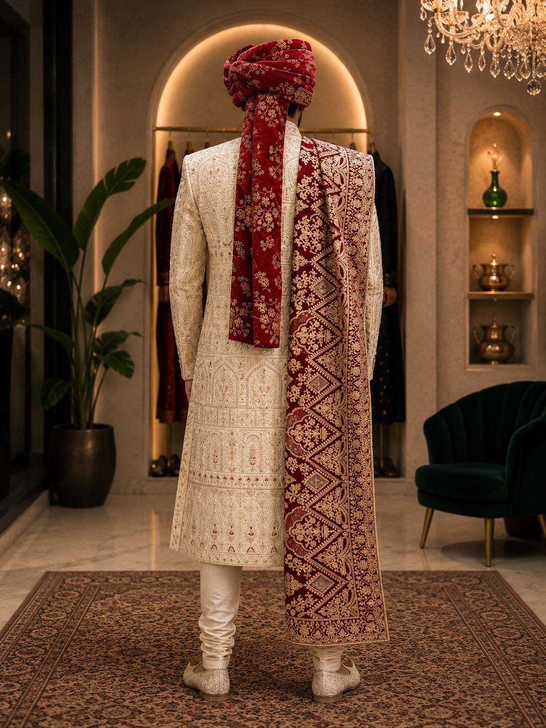 Cream & Maroon Embroidered Sherwani with Turban