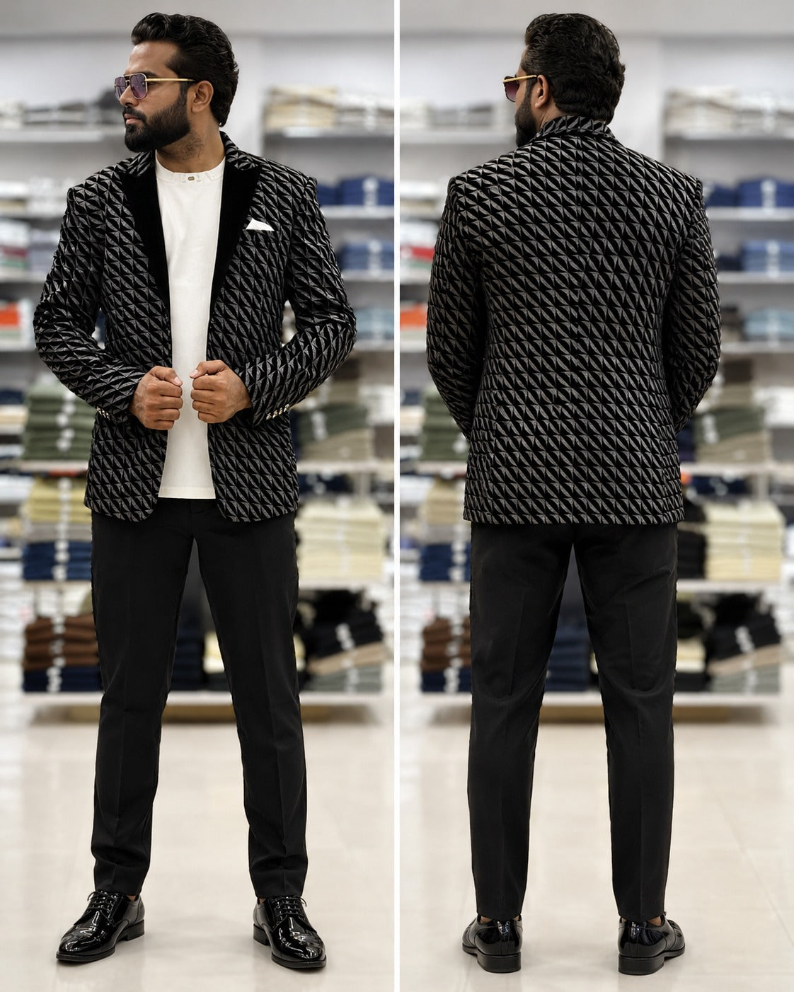 Black Geometric Velvet Collar Blazer