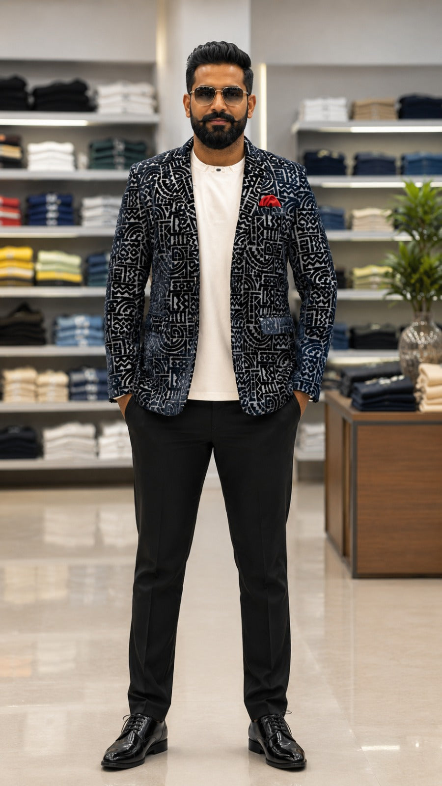 Black Geometric Pattern Blazer with Red Pocket Square