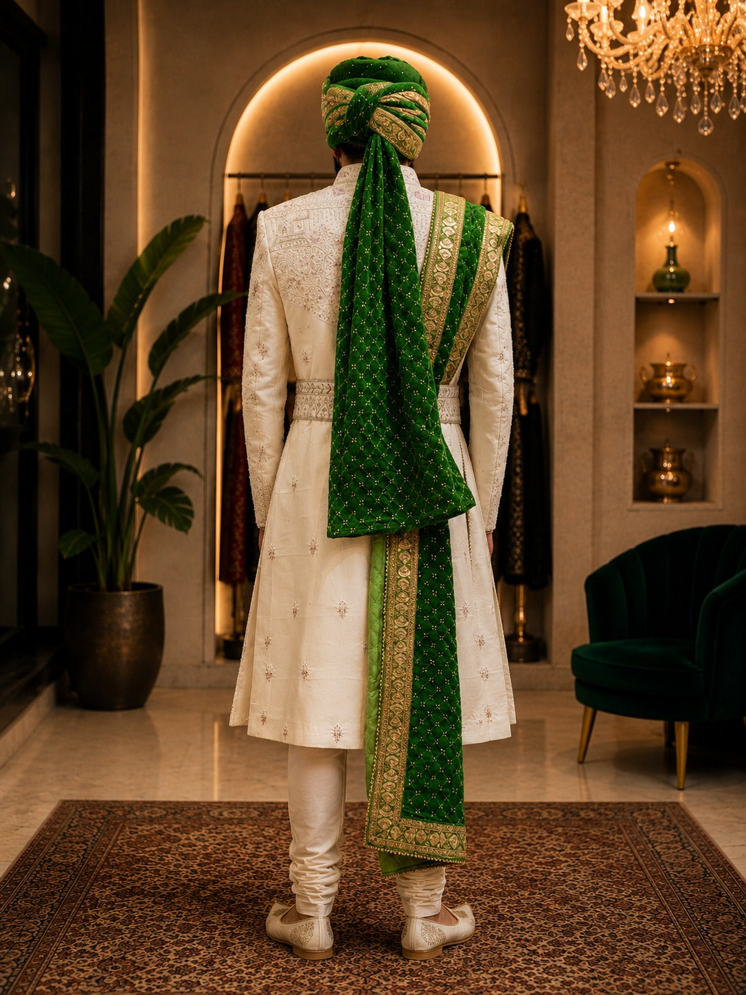 Cream Embroidered Sherwani with Green Dupatta & Turban
