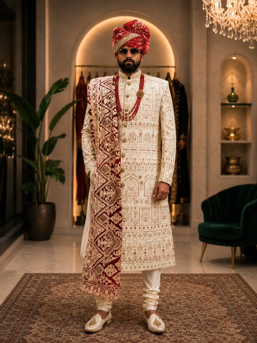Cream & Maroon Embroidered Sherwani with Turban
