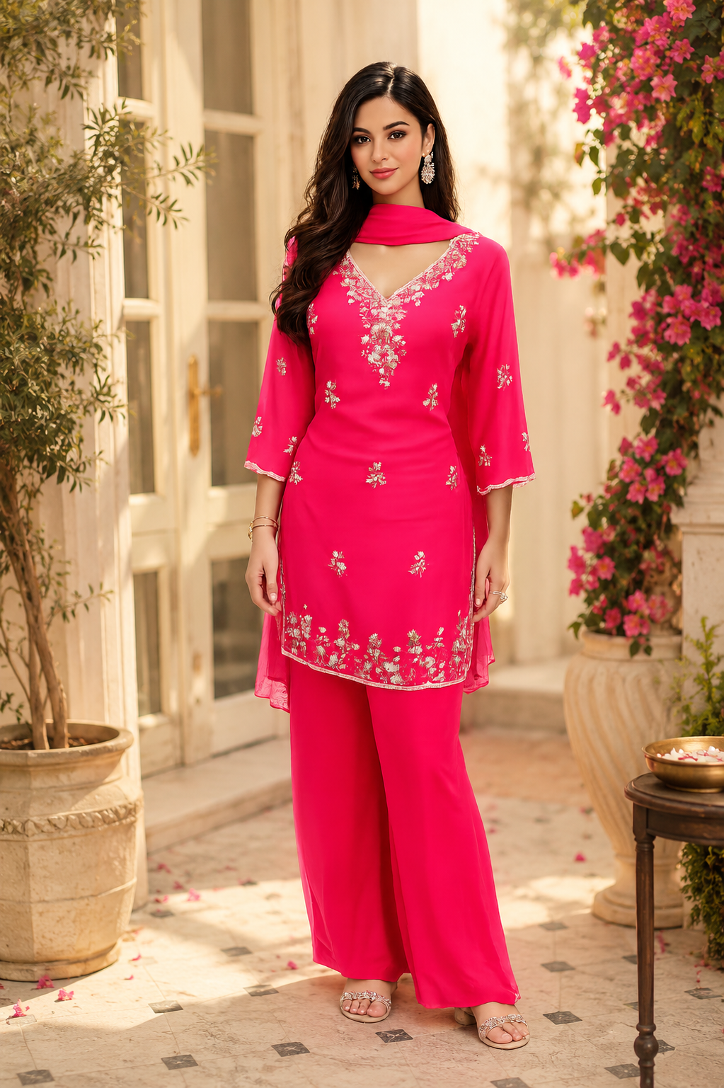 Women’s Hot Pink Embroidered Kurta Palazzo Set with Dupatta – Elegant Festive & Party Wear