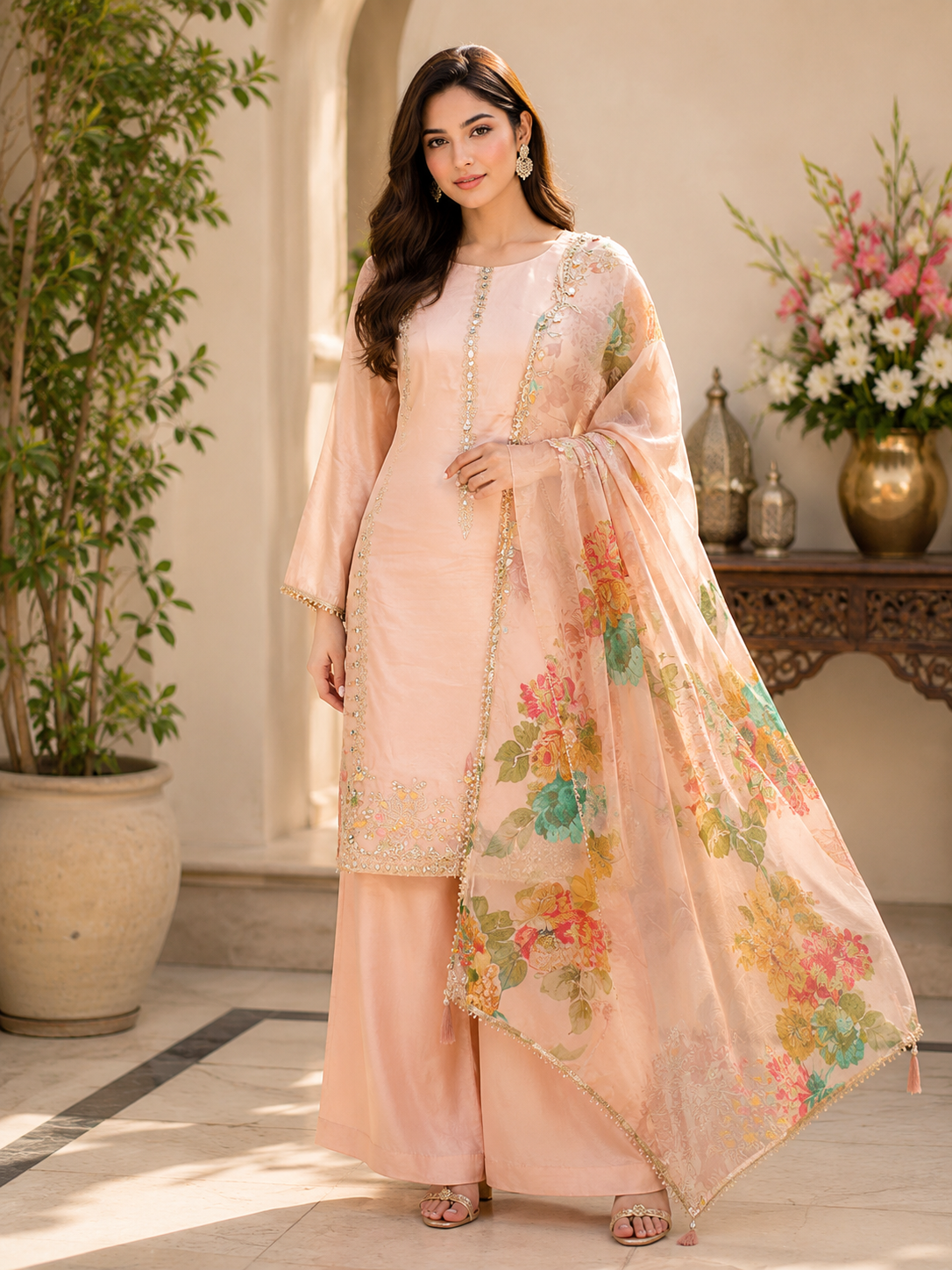 Designer Peach Embroidered Kurta Palazzo Suit Set with Floral Printed Organza Dupatta