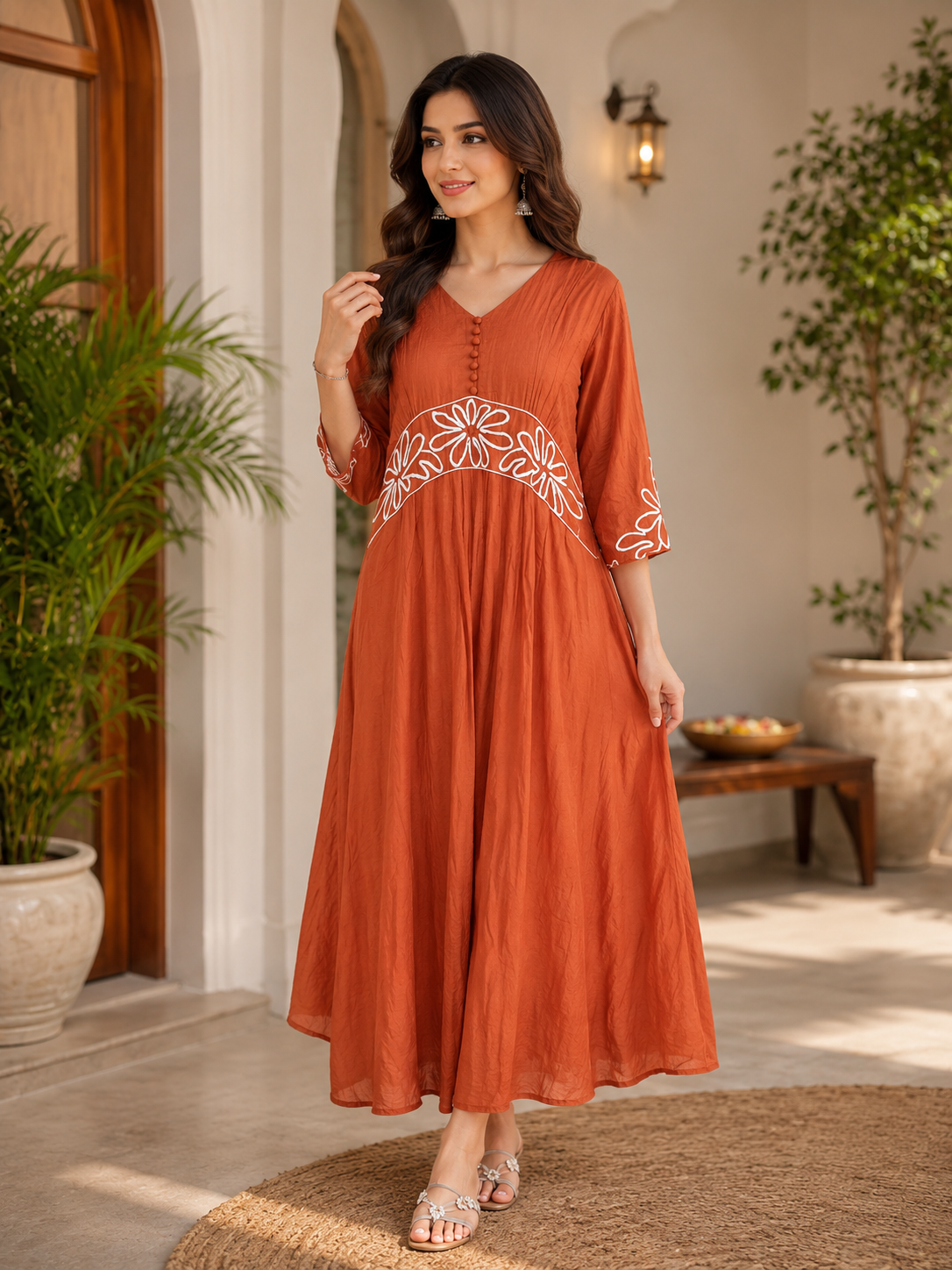 Elegant Rust Orange Floral Embroidered Maxi Dress for Women – Designer A-Line Fashion