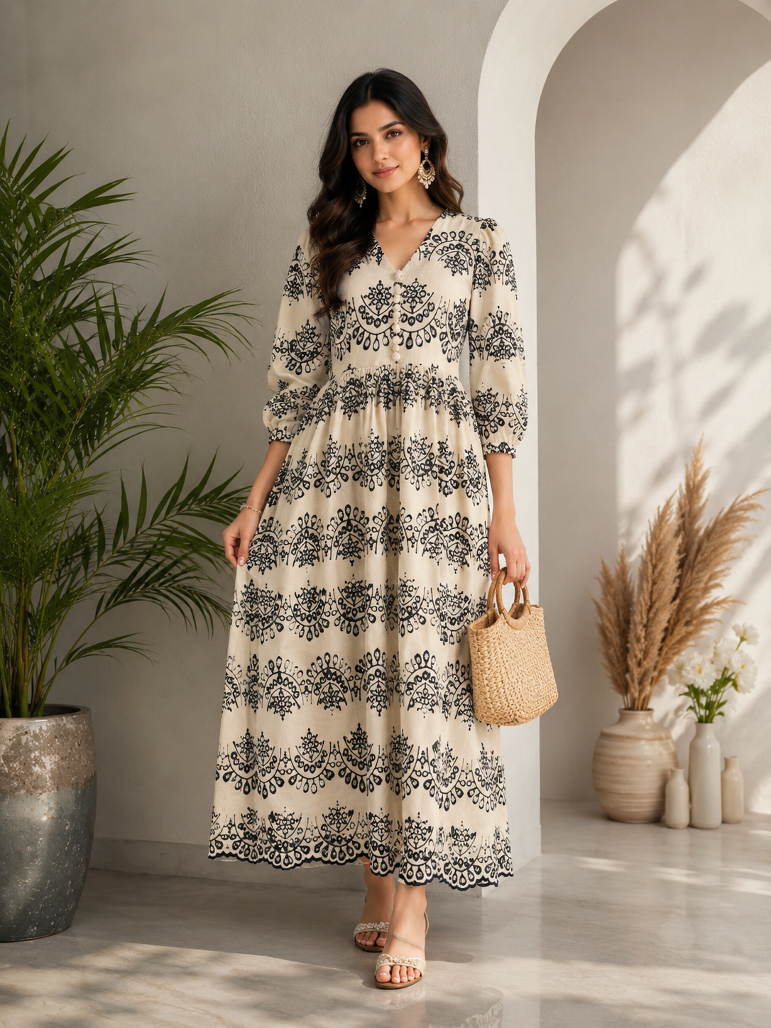 Women’s Elegant Ivory & Black Boho Printed Maxi Dress – Premium Flowy Ethnic Casual Wear