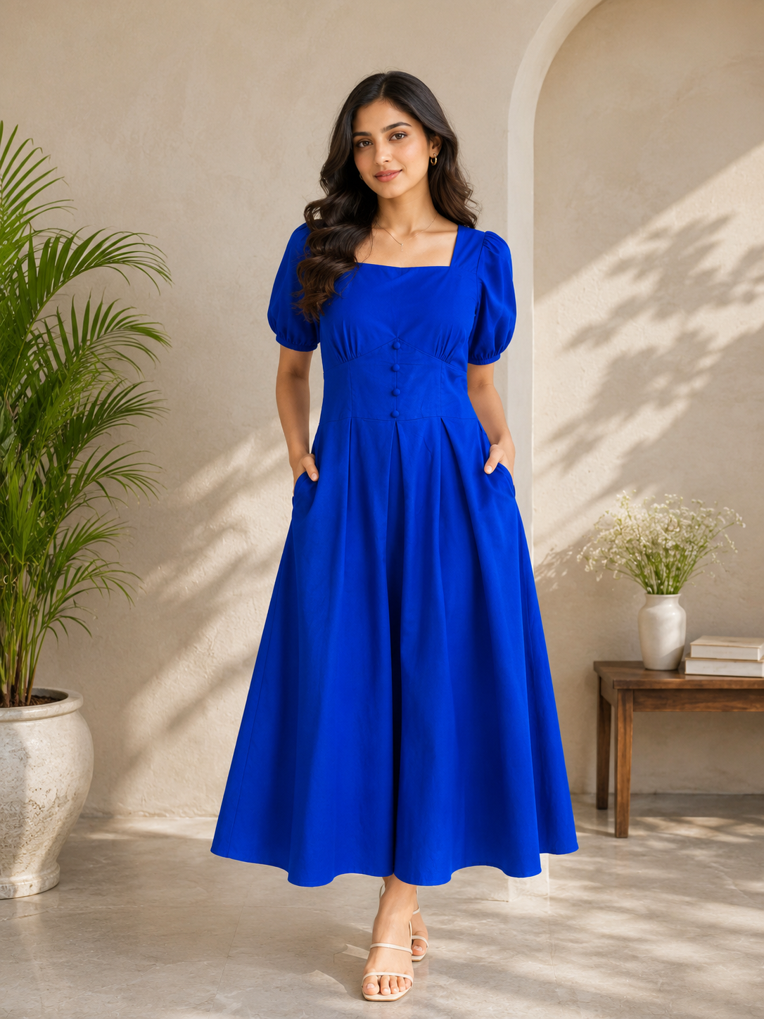 Women’s Royal Blue A-Line Maxi Dress with Puff Sleeves