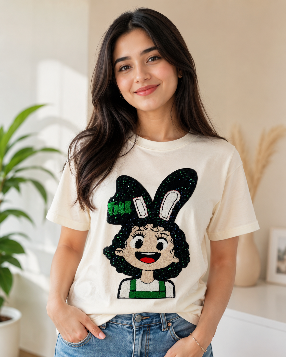 Women’s Premium Bunny Sequin Embroidered T-Shirt – Stylish Casual Wear