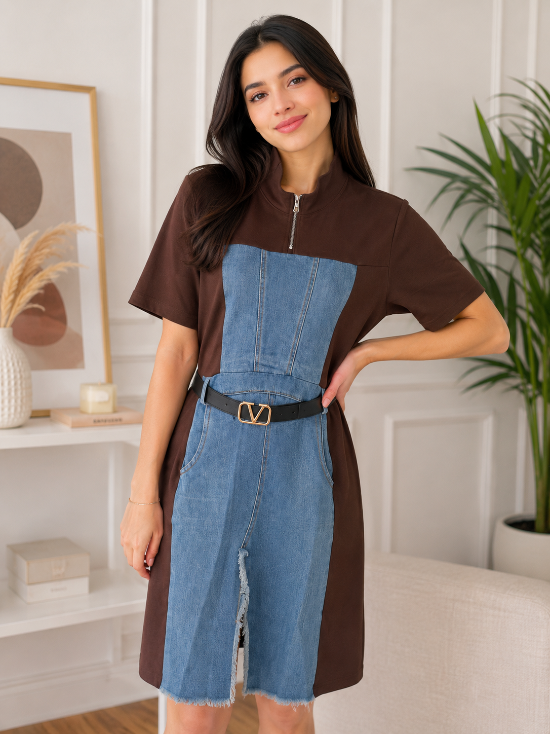 Women’s Brown & Denim Patchwork Belted Dress – Trendy Casual Chic Midi Outfit