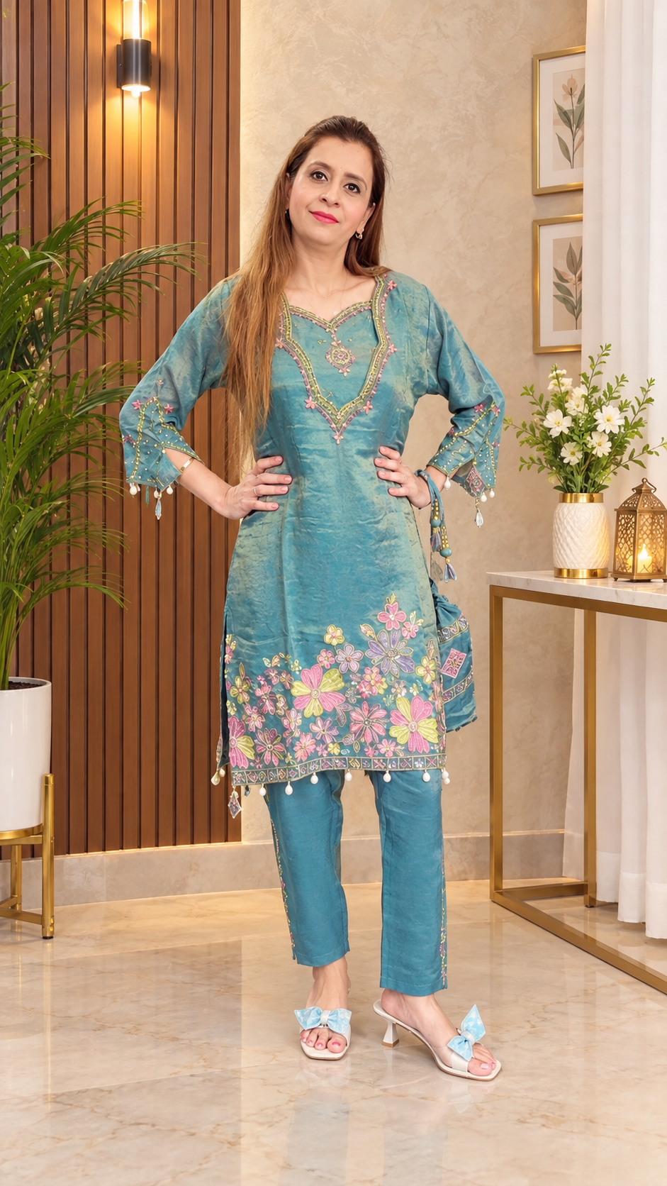 “Elegant Teal Embroidered Floral Kurta Set – Stylish Ethnic Wear for Women” 🌸