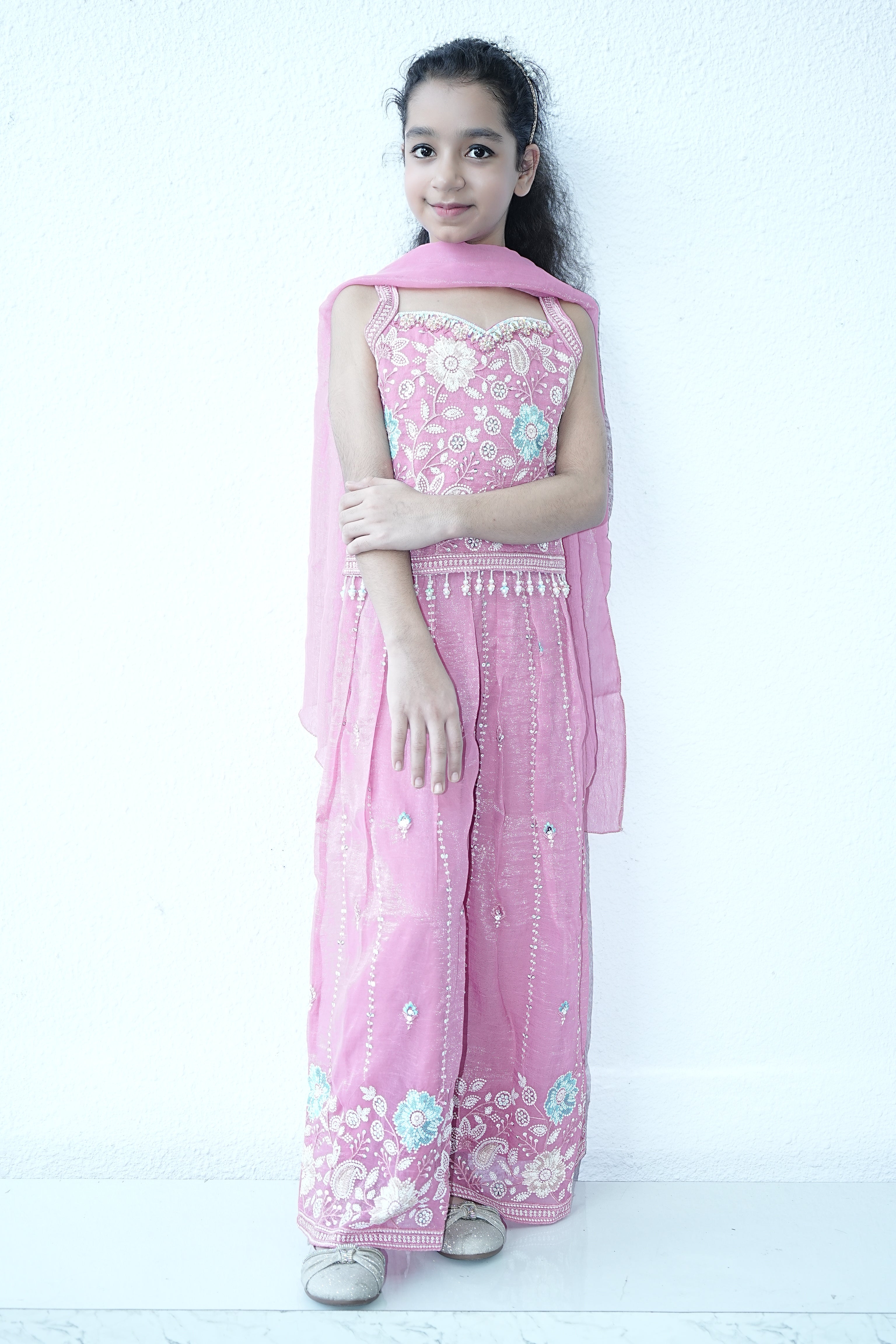 Girls Pink Embroidered Dress with Pants & Scarf – Traditional Ethnic Outfit