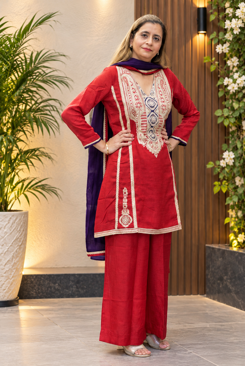 Elegant Red Embroidered Kurta Set with Purple Dupatta – Premium Ethnic Wear for Women ❤️✨