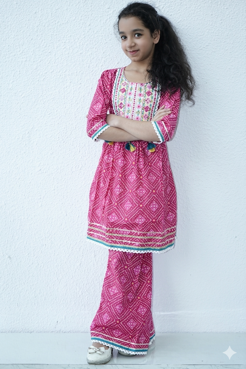Girls’ Pink Embroidered Kurta with Matching Trousers – Traditional Ethnic Outfit
