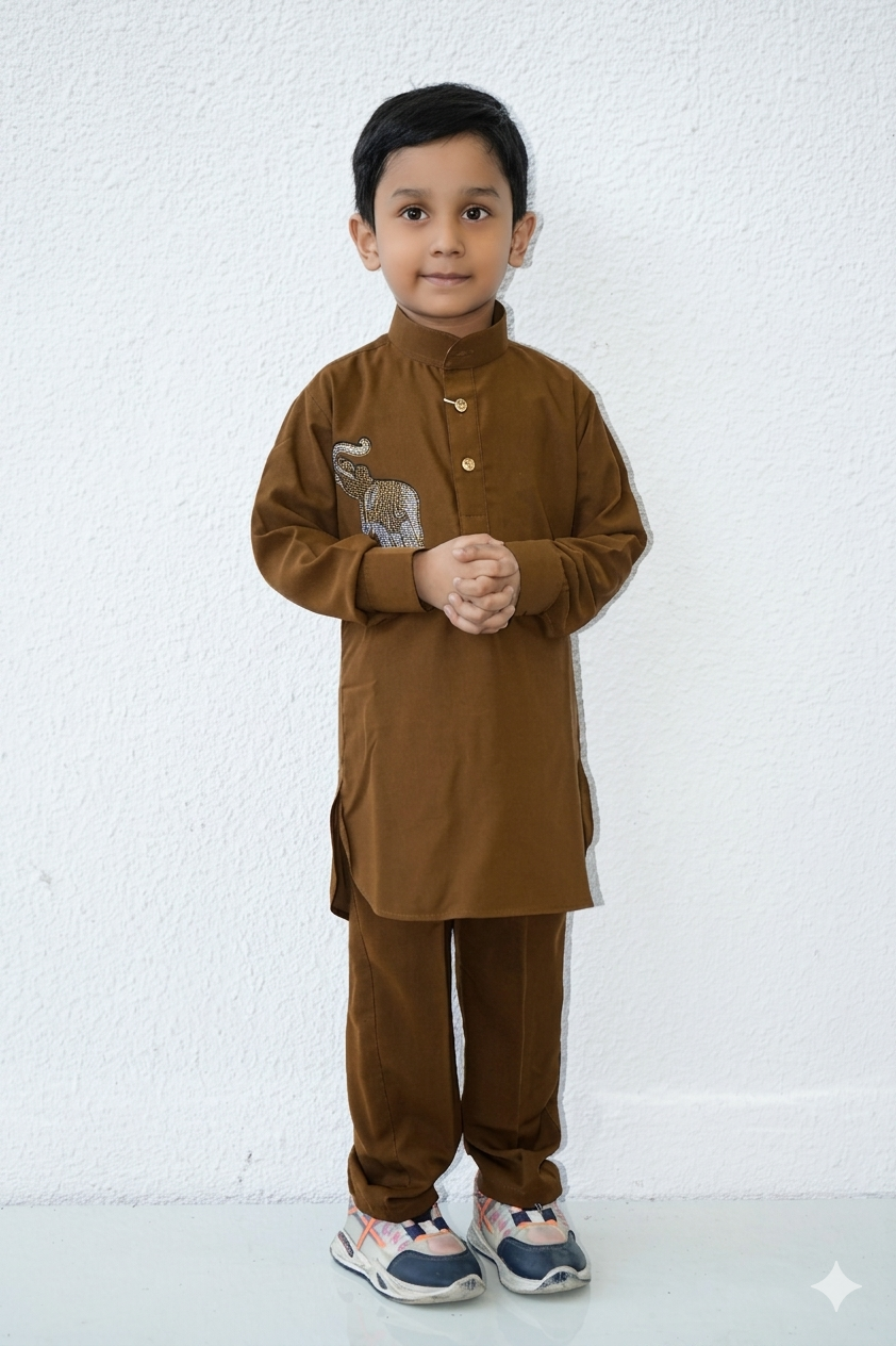 Boys Brown Embroidered Kurta with Matching Trousers – Traditional Ethnic Outfit