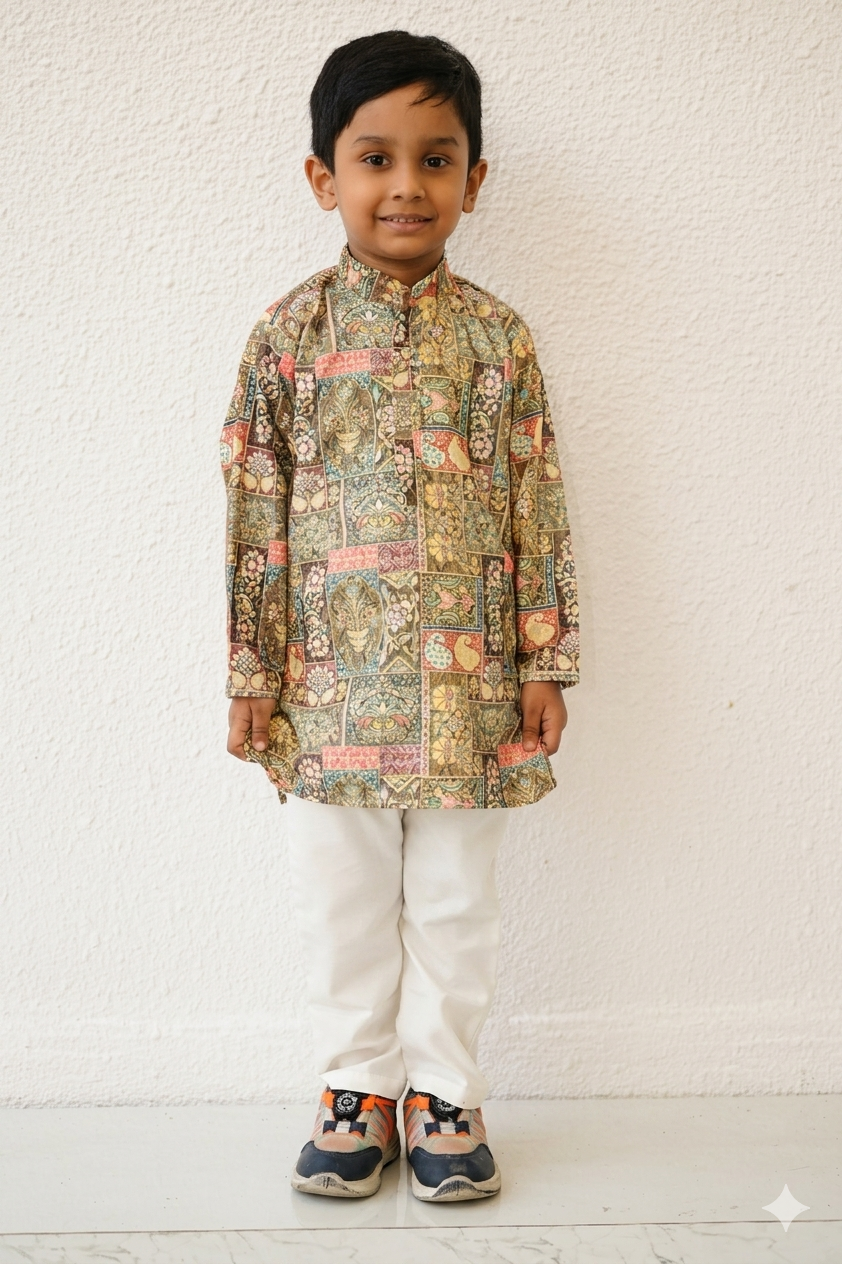 Boys Multicolor Printed Kurta with White Pants – Traditional Ethnic Outfit