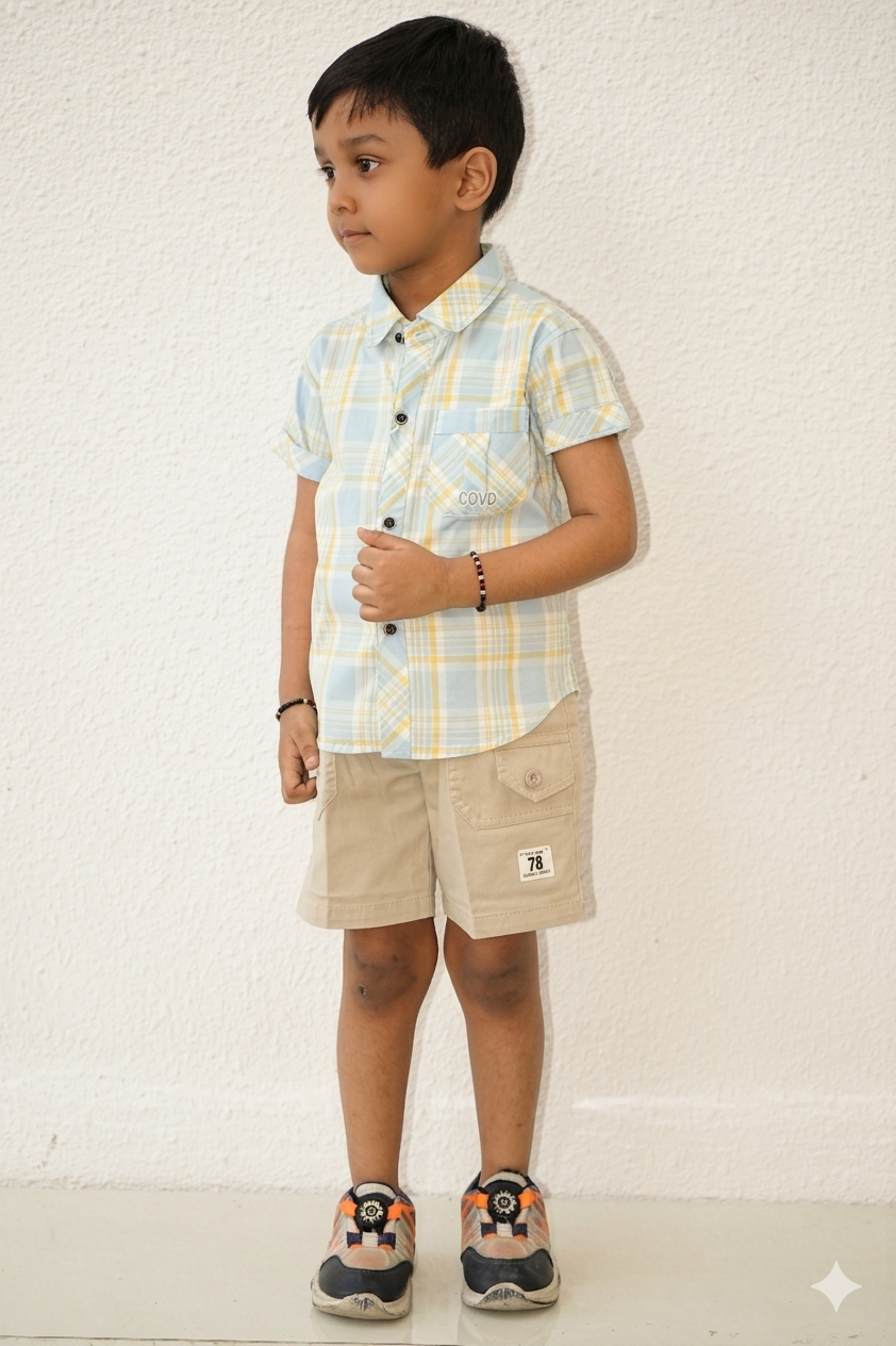 Boys Plaid Short Sleeve Shirt with Beige Shorts – Casual Summer Outfit