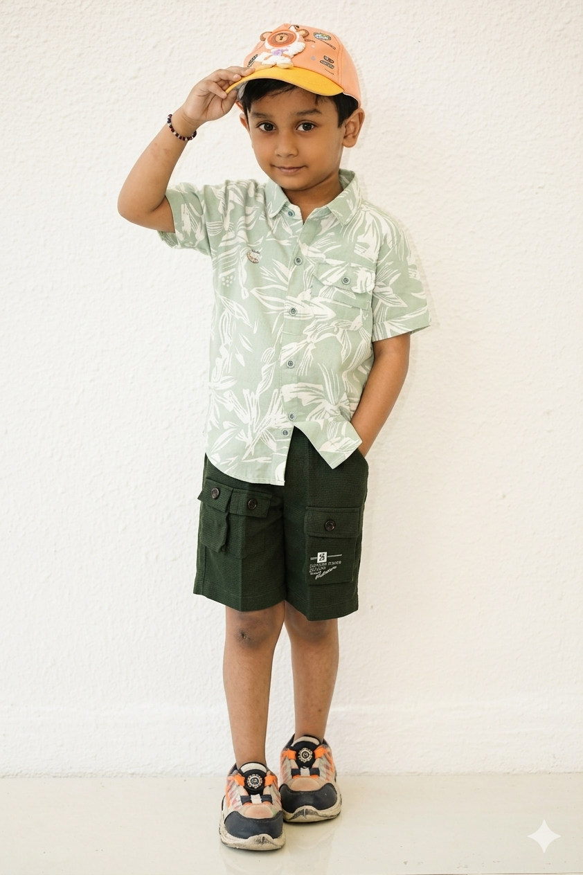 Kids Leaf Print Green Shirt with Cargo Shorts & Cap - Casual Summer Outfit