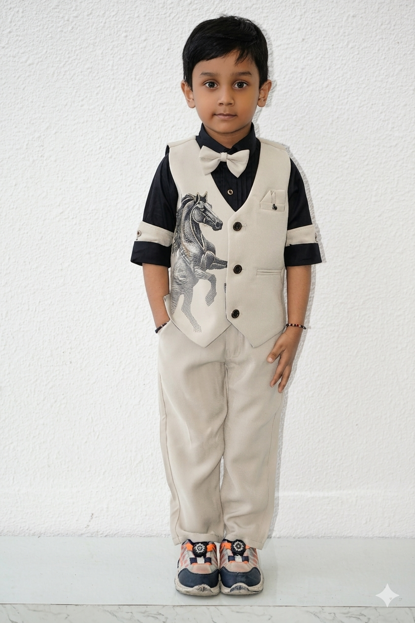 Boys Beige Vest Suit with Bow Tie & Black Shirt – Formal Party Outfit