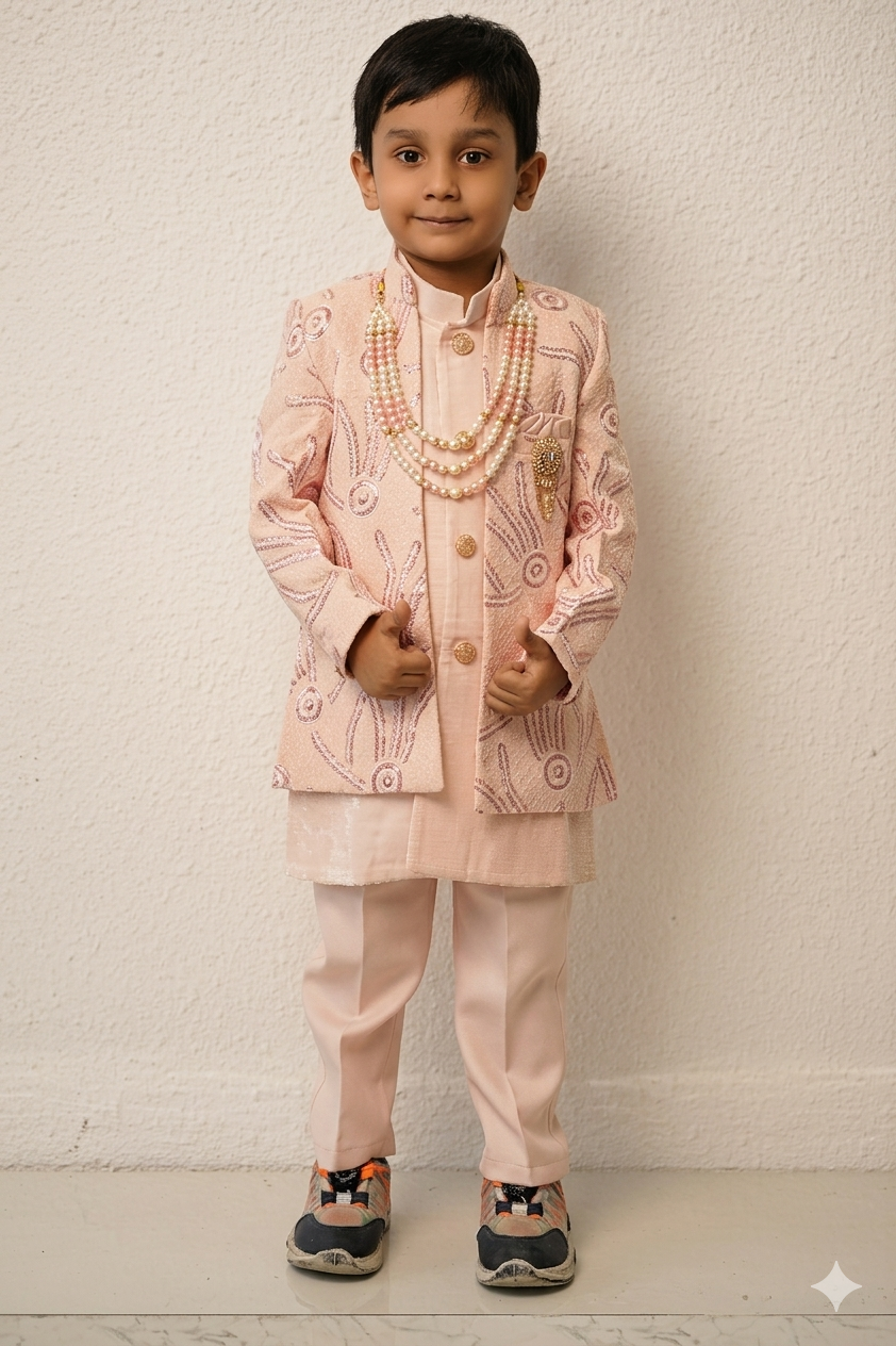 Boys’ Light Pink Embroidered Jacket Kurta Set with Pearl Necklaces – Traditional Festive Outfit”