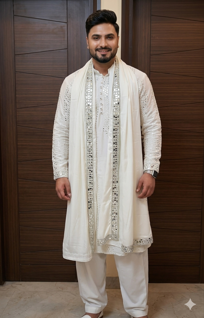 Royal White Mirror-Work Kurta Sherwani Set with Embroidered Stole