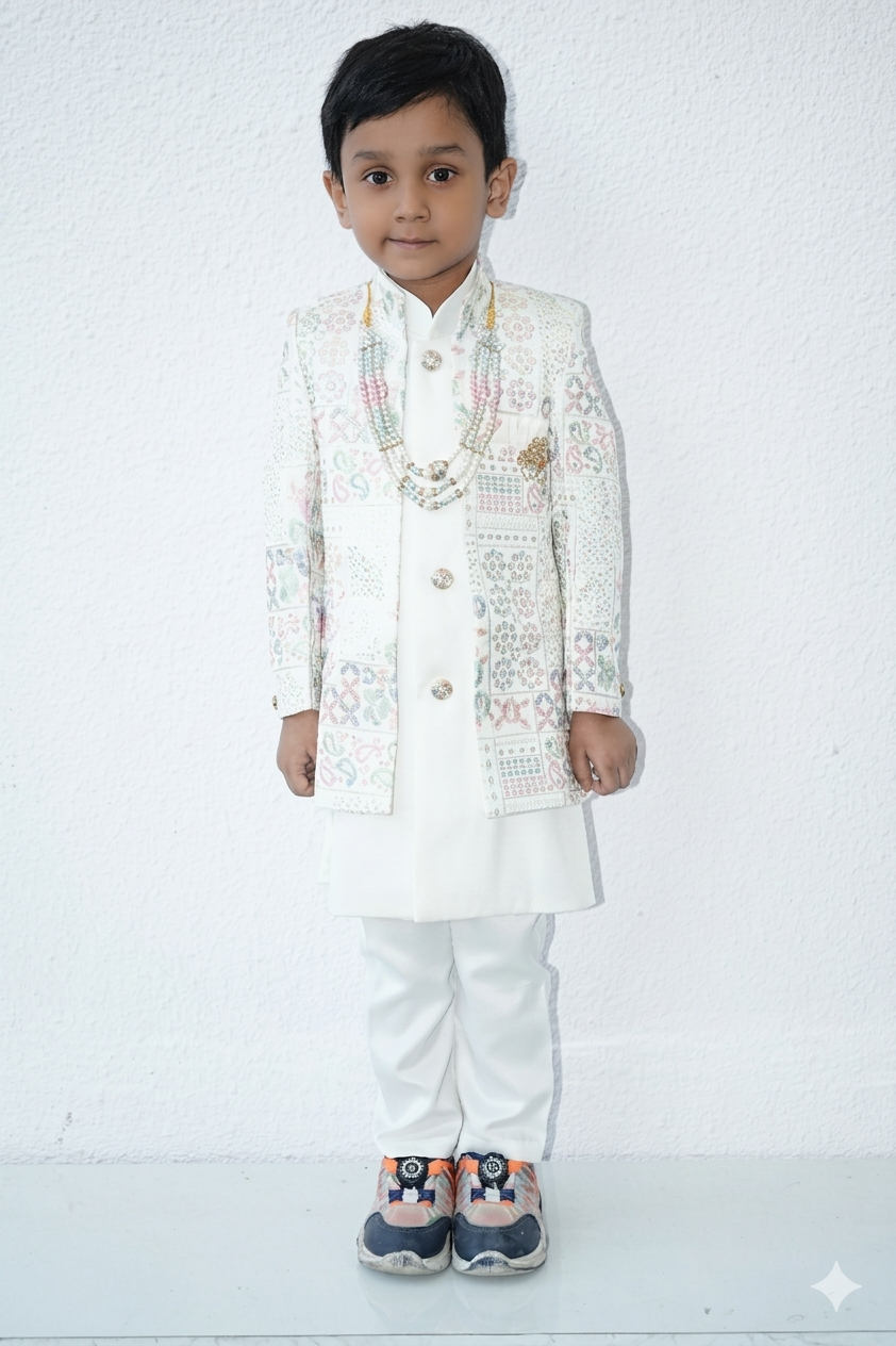 Boys White Embroidered Sherwani with Trousers & Beaded Necklace – Traditional Festive Outfit
