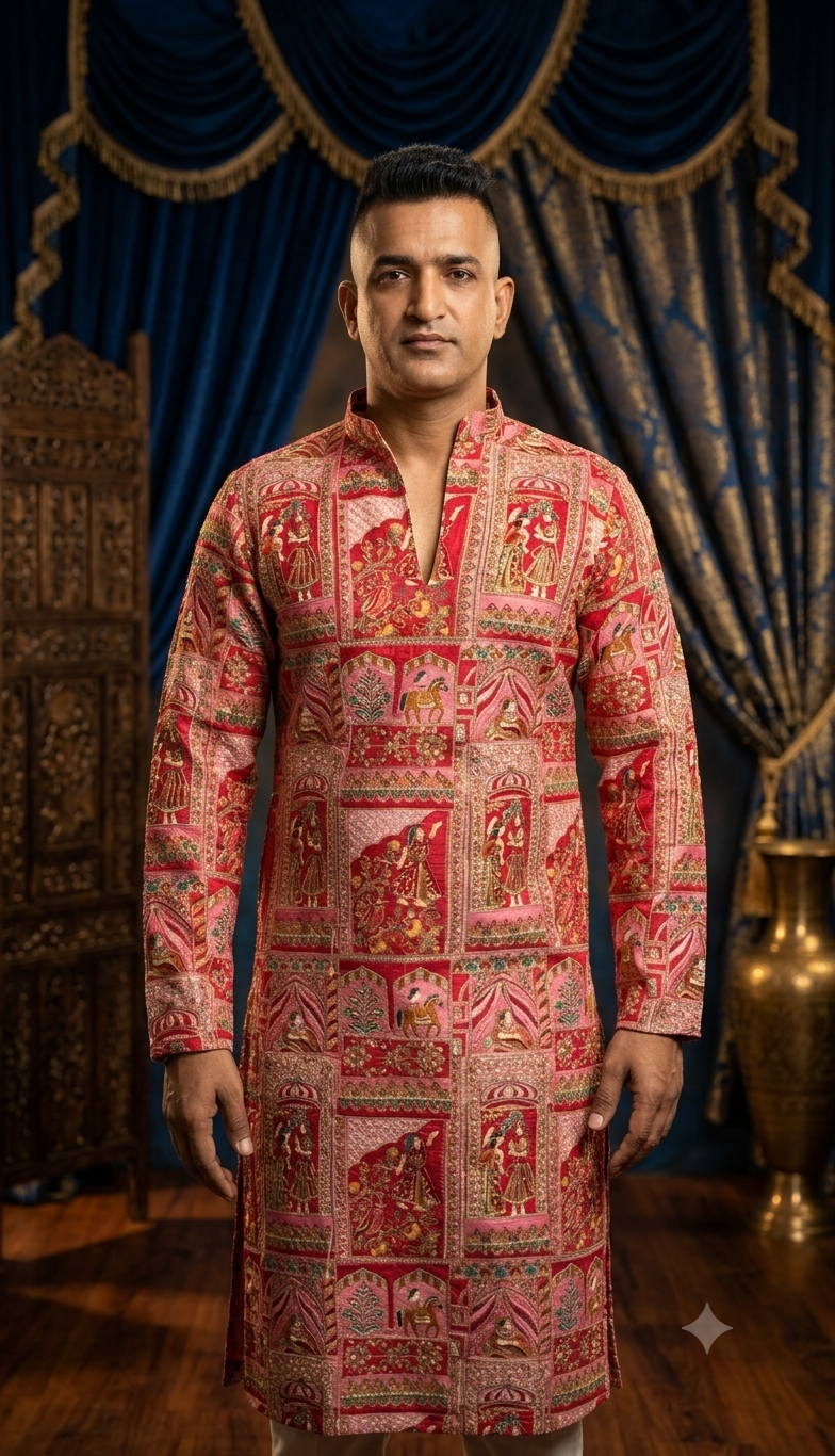 Royal Pink Ethnic Print Men's Kurta – Premium Festive & Wedding Wear ✨
