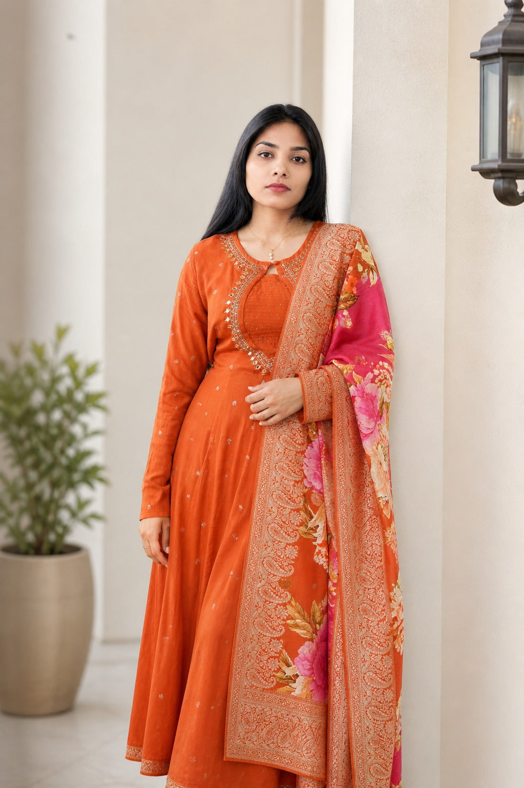 Orange Embroidered Anarkali Suit with Floral Printed Dupatta