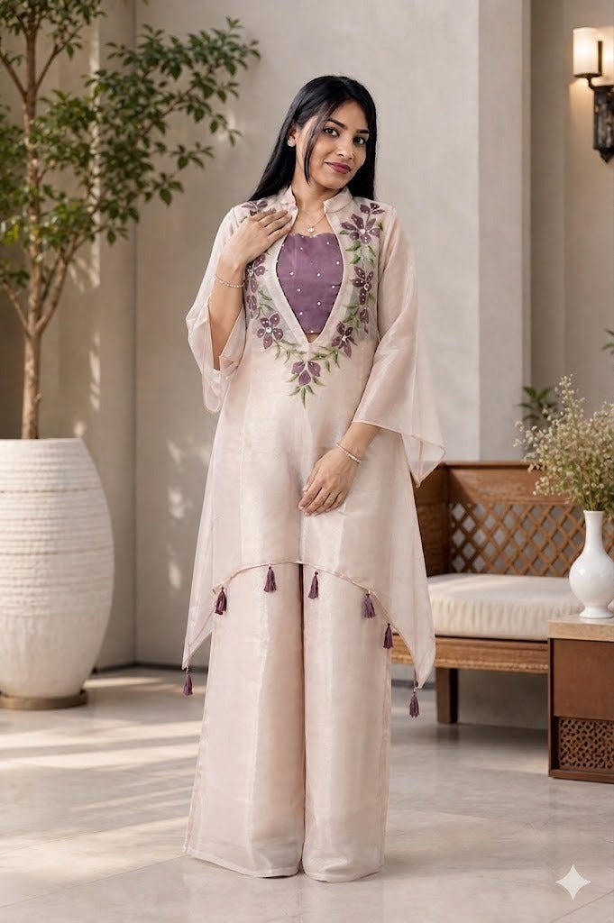 Elegant Beige Embroidered Kurta Set with Sheer Overlay & Tassel Detail for Women