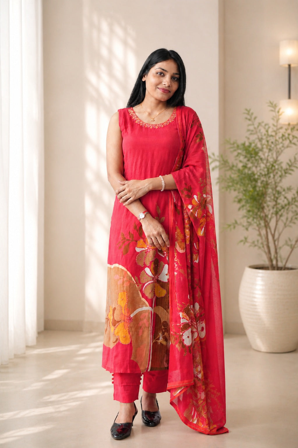 Red Floral Printed Kurta Set with Dupatta – Elegant Ethnic Wear for Women