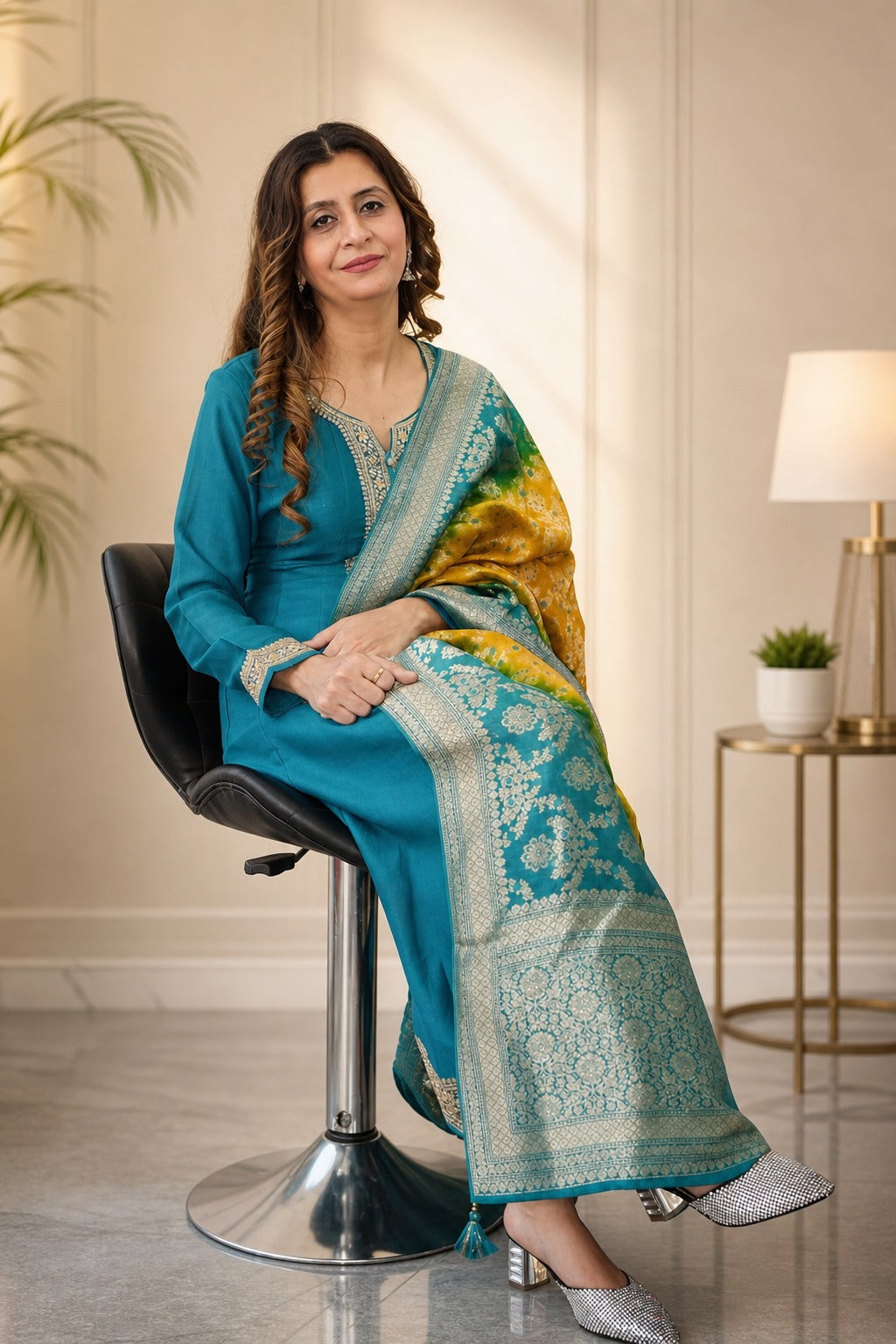 Teal Blue Embroidered Suit with Dupatta