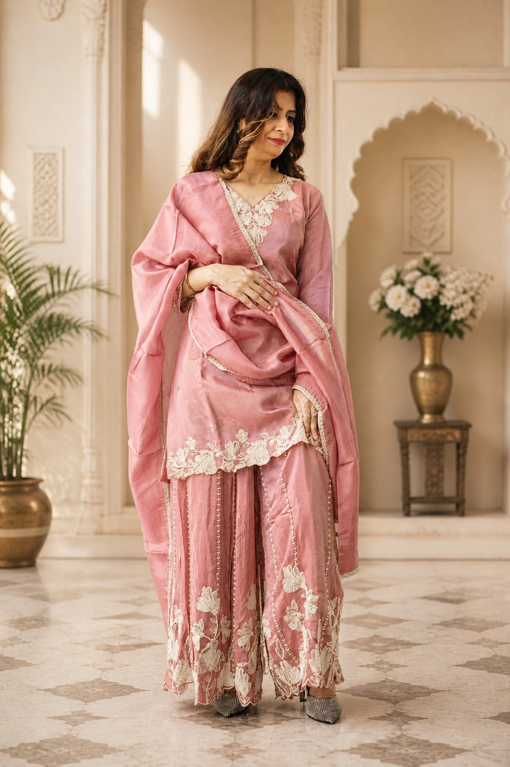 Pink Embroidered Kurta Set with Palazzo & Dupatta - Festive Ethnic Wear