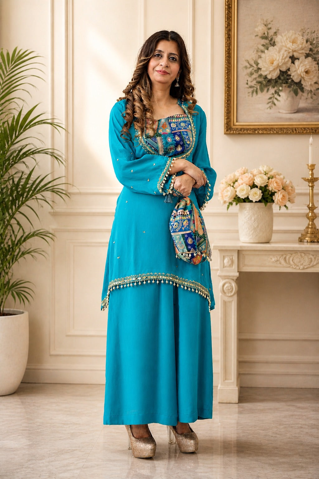 Turquoise Embroidered Kurta Set with Palazzo – Festive Ethnic Wear