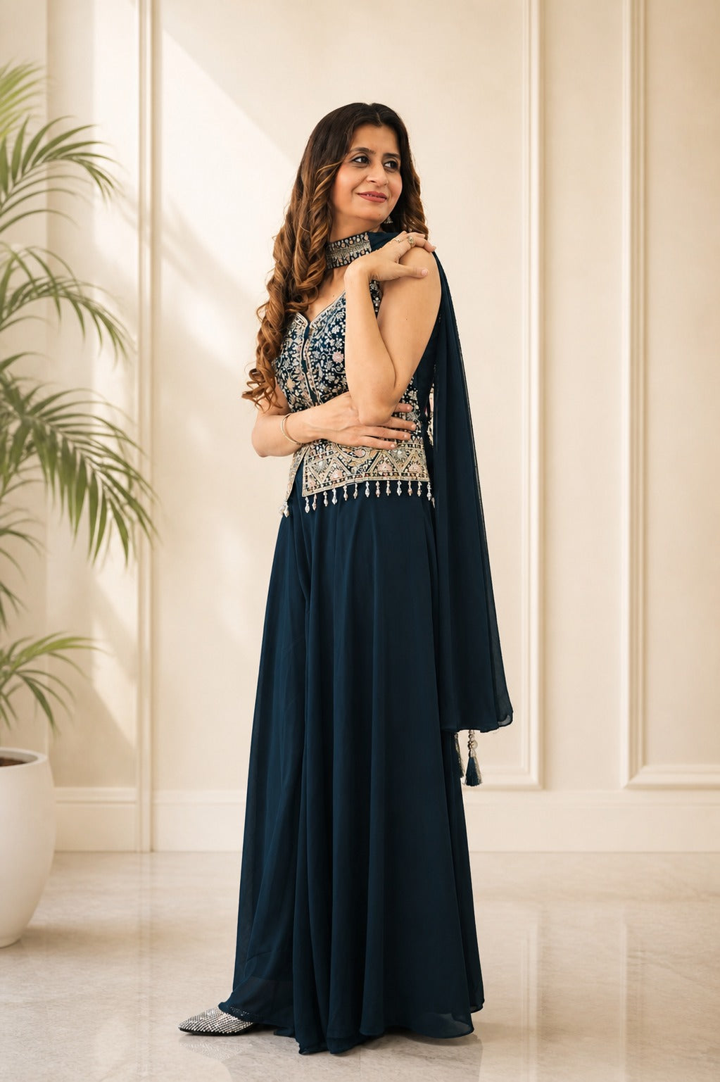 Dark Blue Embroidered Ethnic Dress with Dupatta – Festive Party Wear