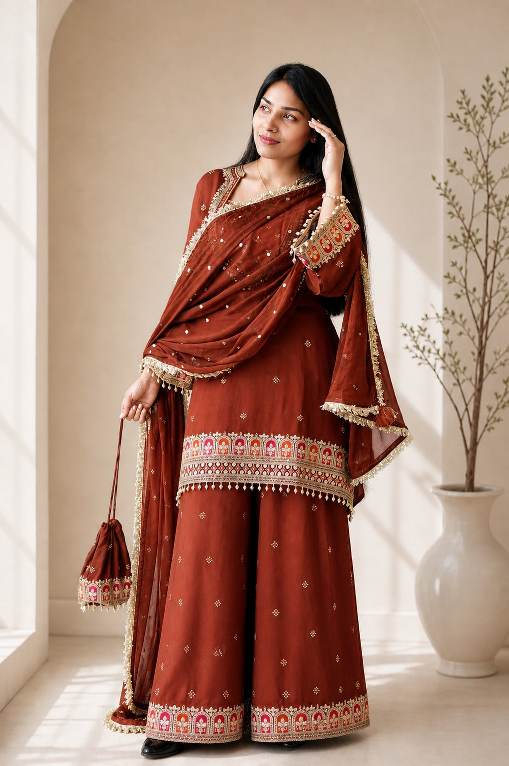 Rust Brown Embroidered Kurta Sharara Set with Dupatta & Potli Bag