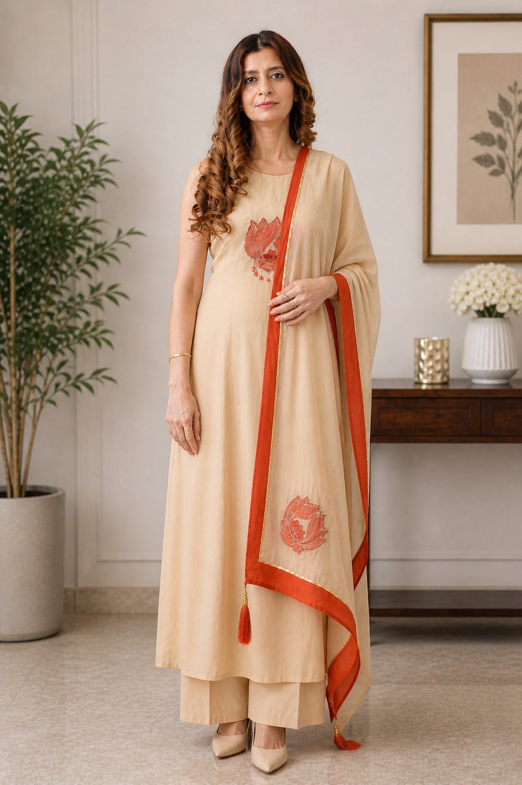 Beige Kurta Set with Red Embroidery & Dupatta – Elegant Ethnic Wear