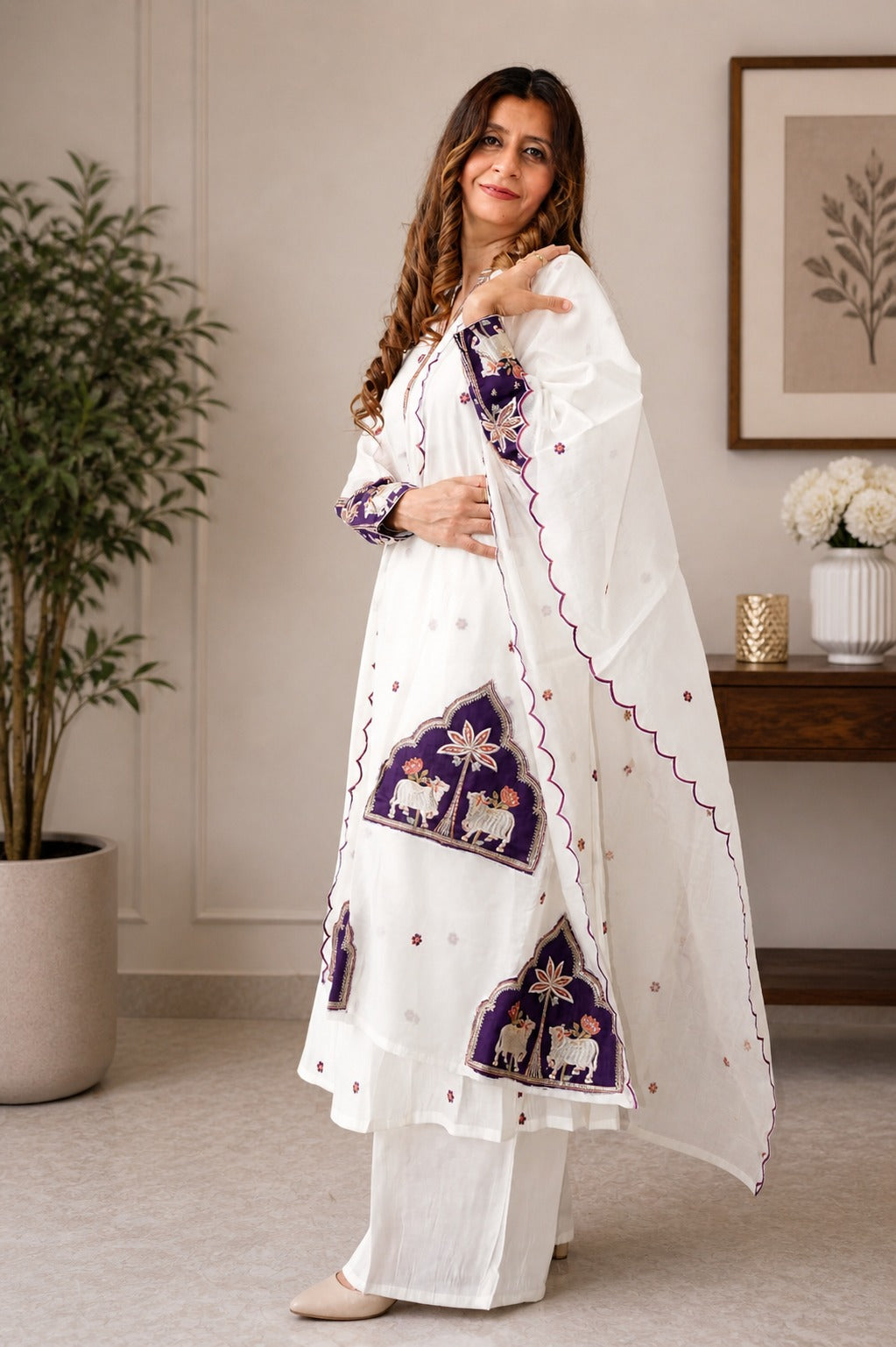 White Embroidered Kurta Set with Purple Dupatta – Elegant Ethnic Wear