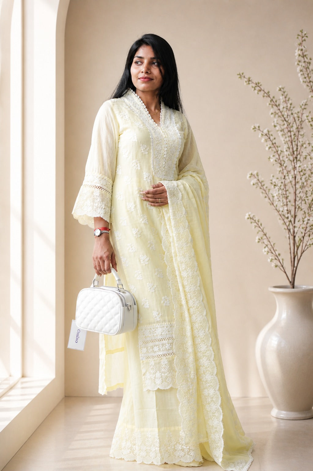 Light Yellow Embroidered Kurta with Dupatta – Elegant Ethnic Wear