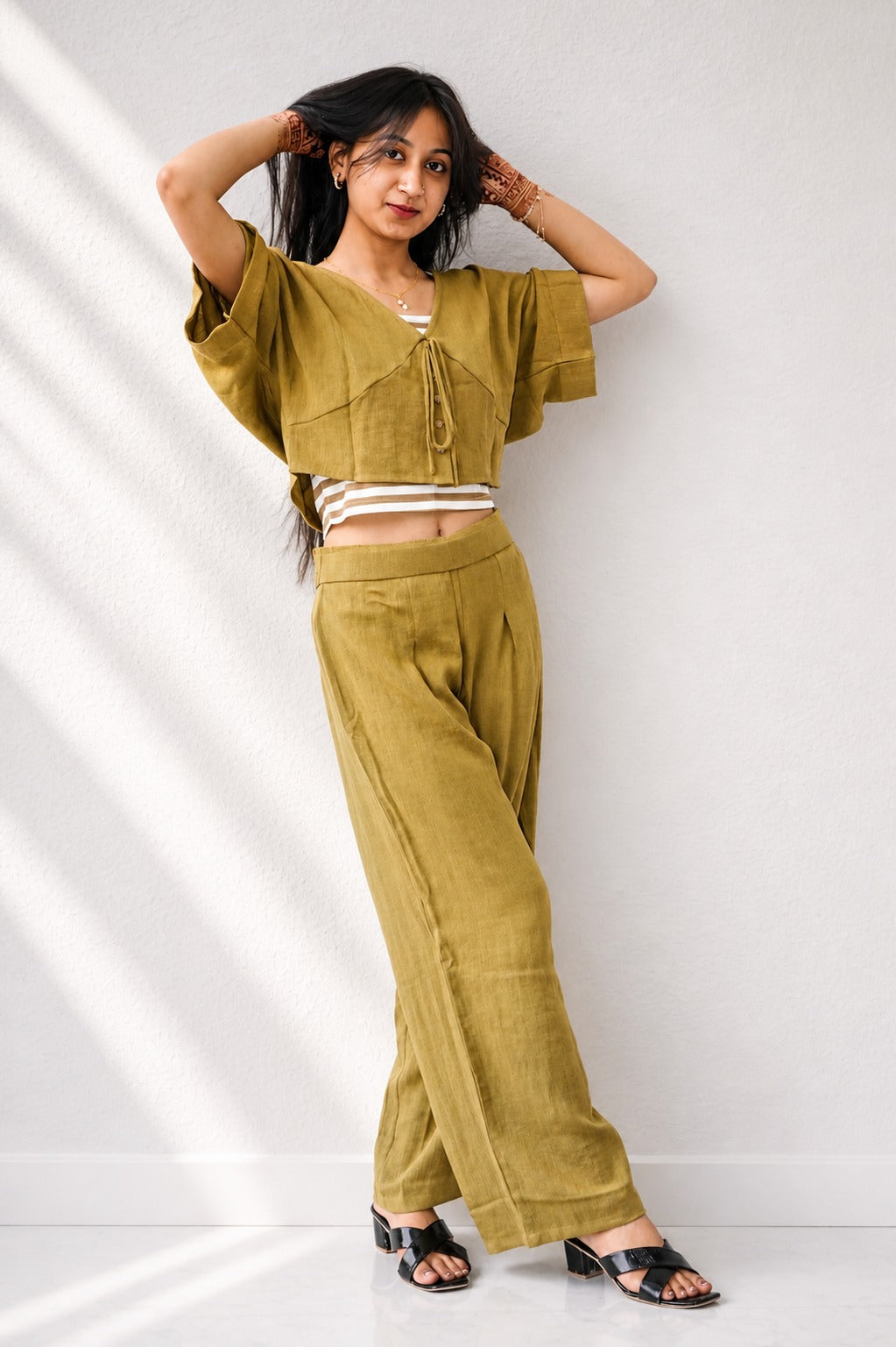 Mustard Yellow Co‑Ord Set with Tie‑Front Top & Palazzo – Stylish Ethnic Fusion Wear