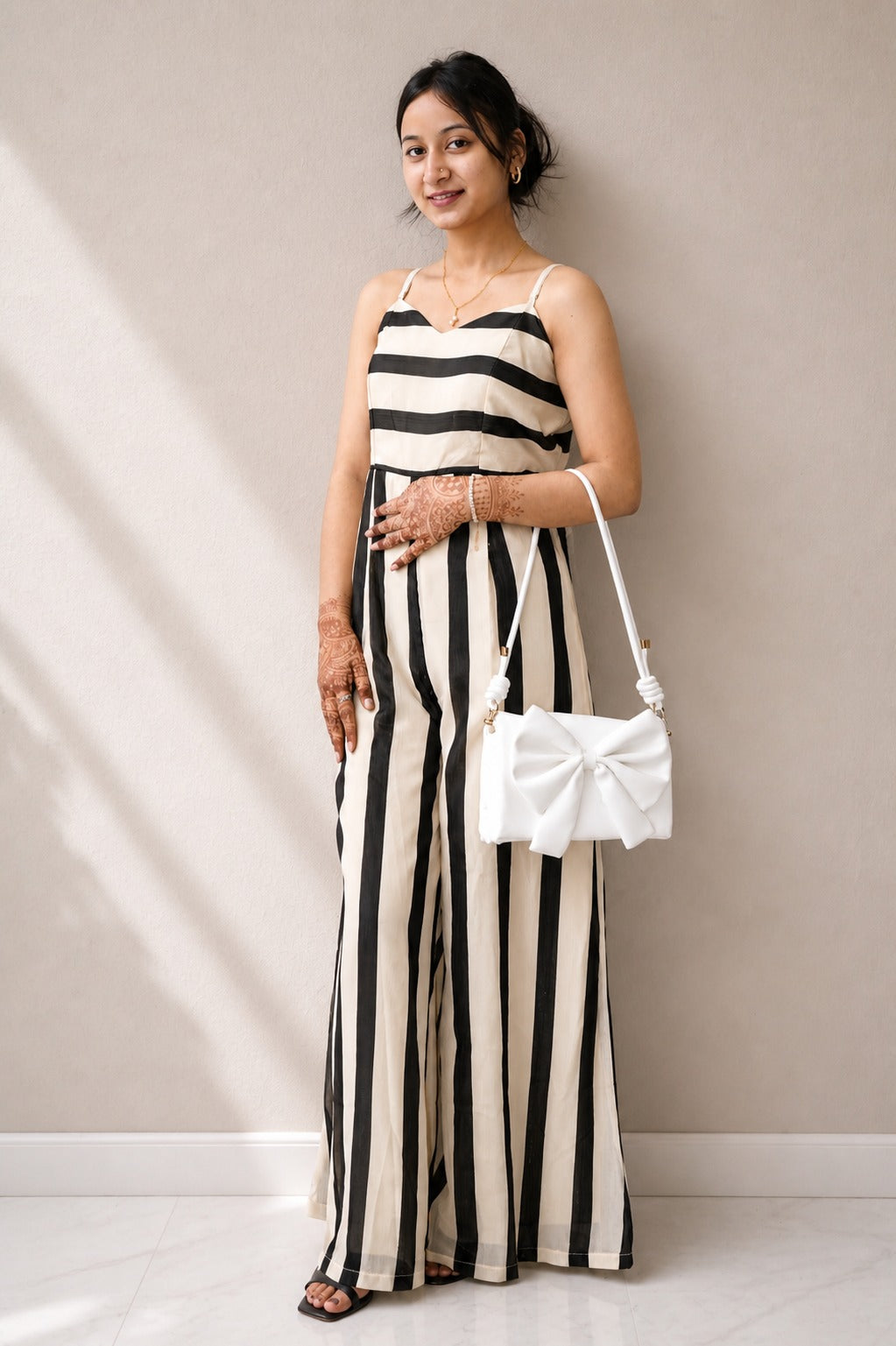 Black & Cream Striped Sleeveless Jumpsuit – Trendy Casual Wear