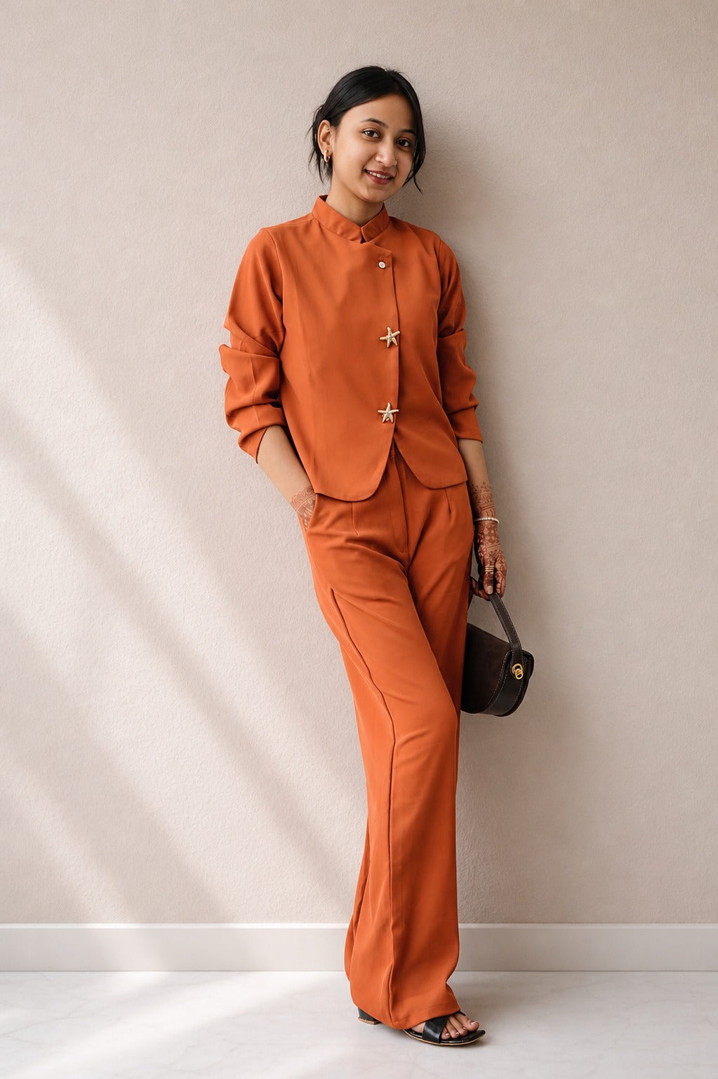 Orange Co‑Ord Set with Star Button Top & Pants – Stylish Fusion Wear
