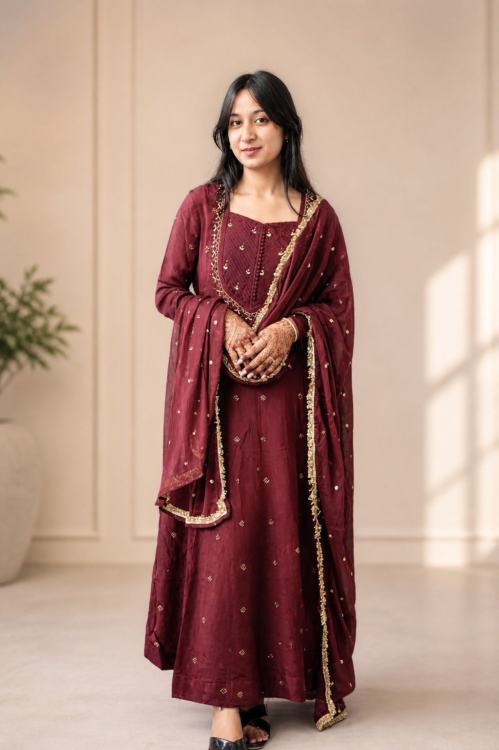 Maroon Anarkali Dress with Gold Embroidery & Dupatta – Festive Ethnic Wear
