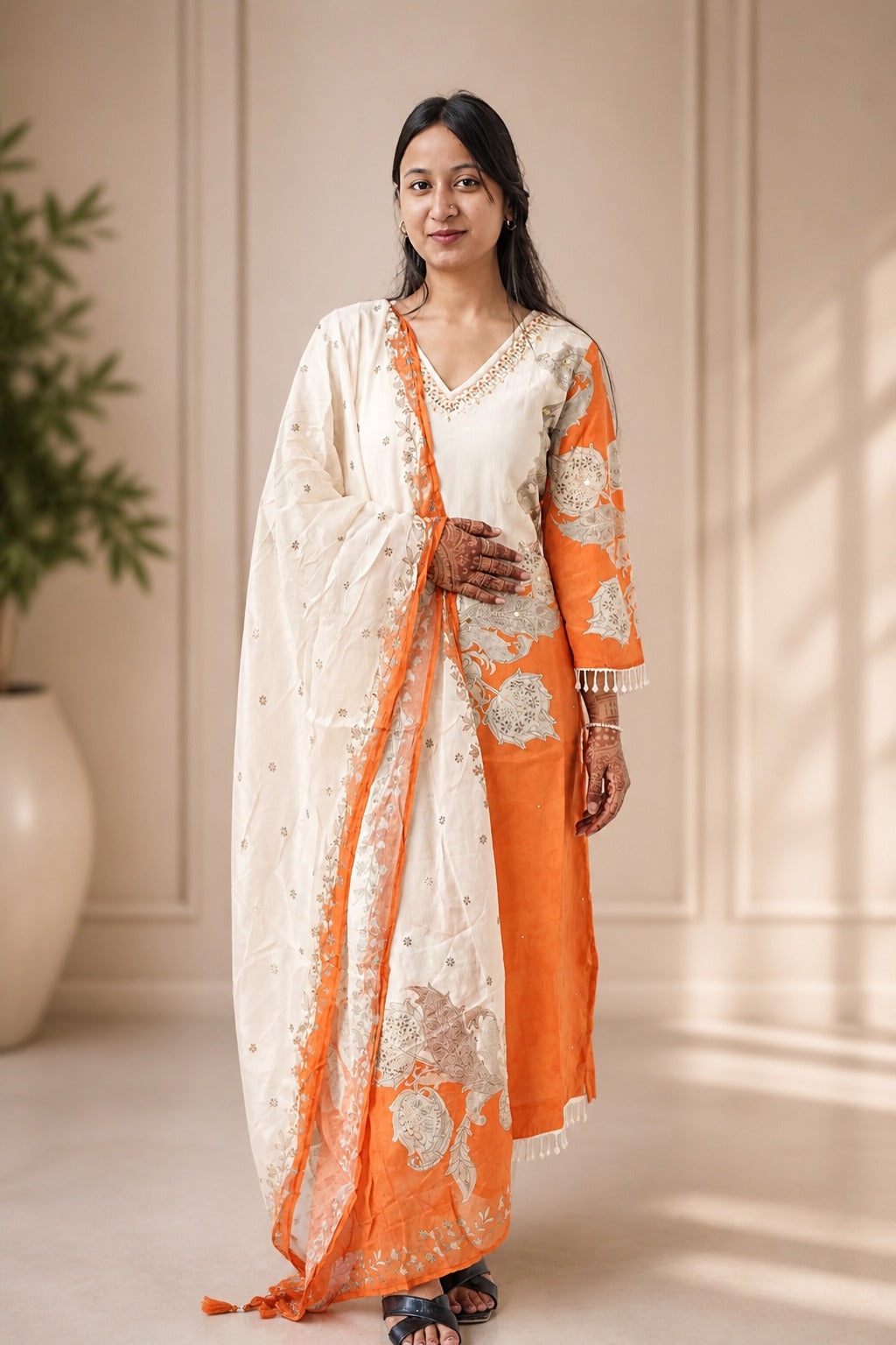 Cream & Orange Embroidered Kurta Set with Dupatta – Elegant Festive Wear