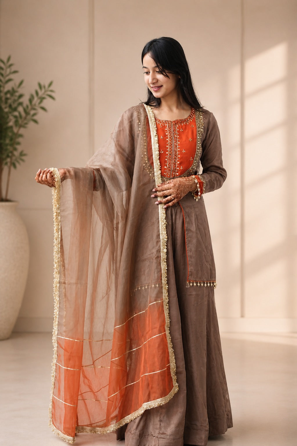 Brown Ethnic Dress with Orange Embroidery & Dupatta – Festive Party Wear