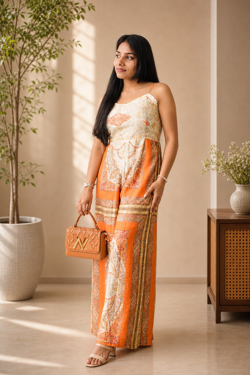 Orange Cream Patterned Jumpsuit Set