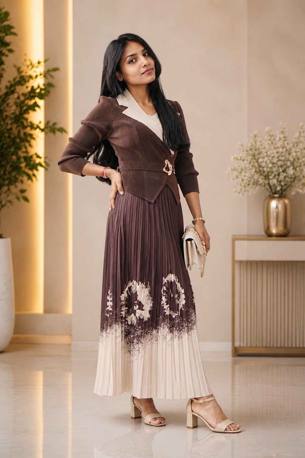 Brown Pleated Floral Dress with Jacket & Clutch